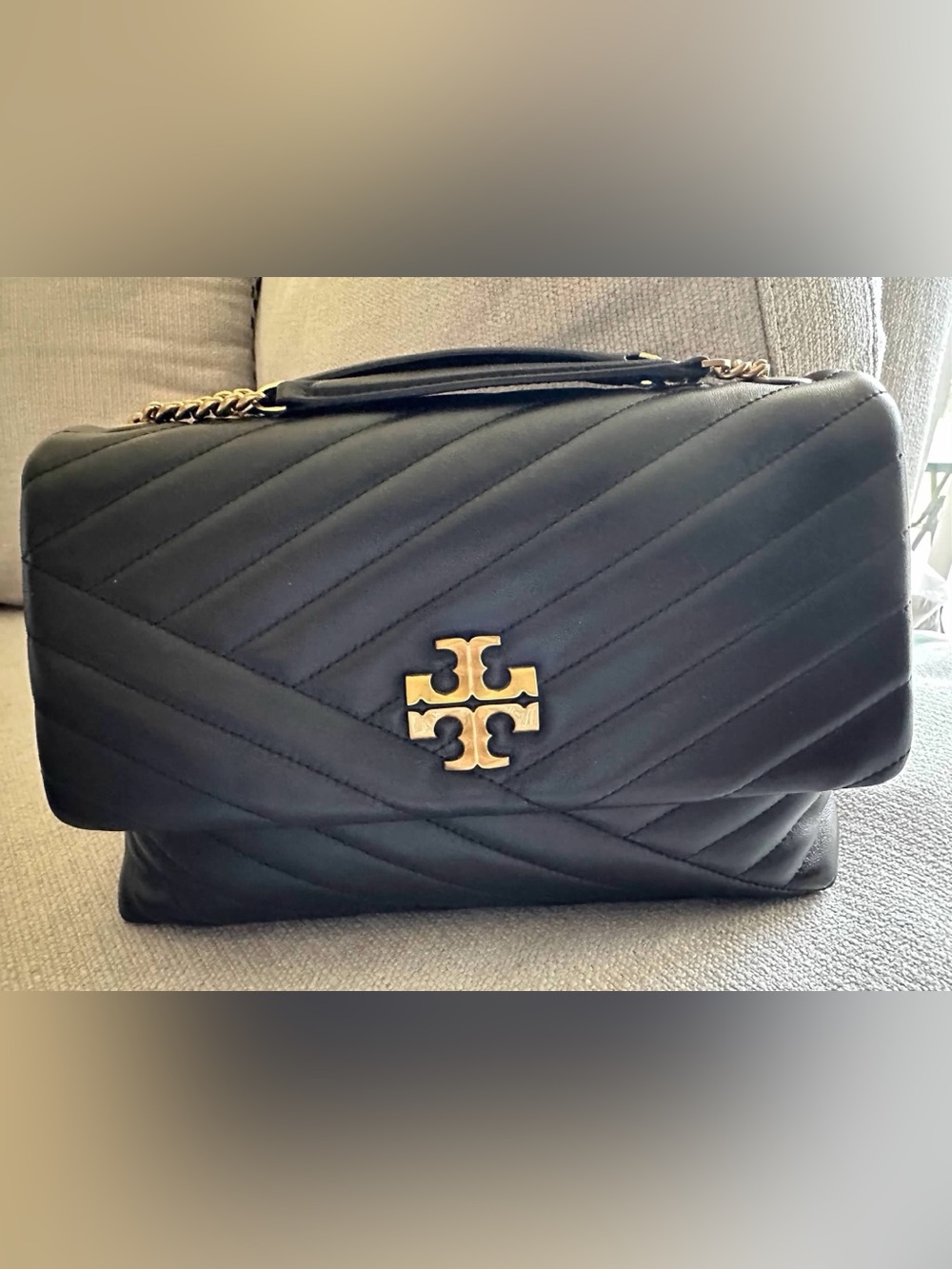 Tory Burch Kira Chevron Black Quilted Shoulder Bag with Gold Logo
